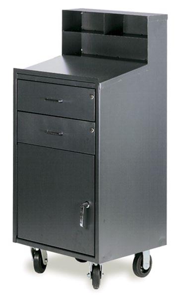 Furniture-grade, baked-on gray enamel 23"W x 20"D x 51"H F85828A9 Mobile Shop Desk features four shelves and a locking drawer for versatility and mobility. 16-ga.