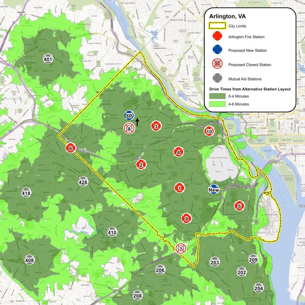 GIS Map of Station Location Changes The proposed changes improve coverage, yet maintain the current number of fire stations in Arlington County (10).