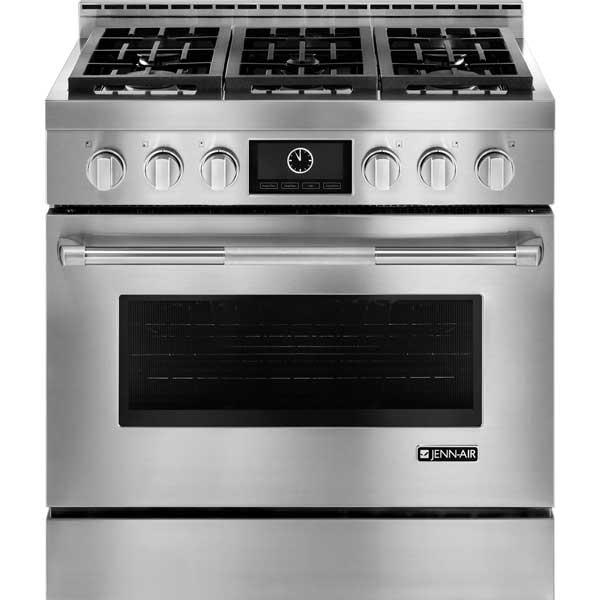 Jenn-Air 29 Jenn-Air has great features for the price including 20,000 BTU burners, an interactive clock with a LCD screen, and twin convection