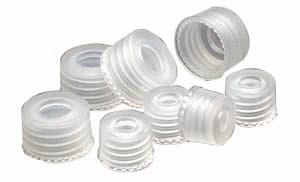 25 mm thick polypropylene seal is molded directly into the cap, so it cannot fall out. Concentric raised ridges at the contact point with the vial ensure a positive seal.