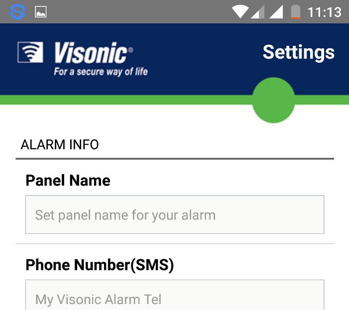 Tap on the settings icon to go into settings Here you have to enter the details of the alarm panel: 1. Panel Name: Enter any name that you wish to identify your panel.