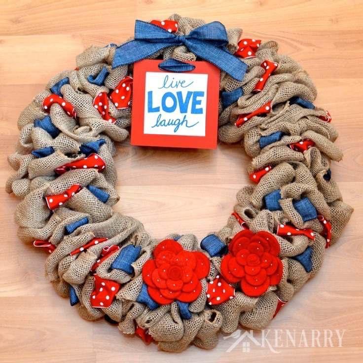 1. Red, White and Blue Burlap Wreath The red with white polka dots and blue denim ribbons in this burlap wreath make it great for celebrating
