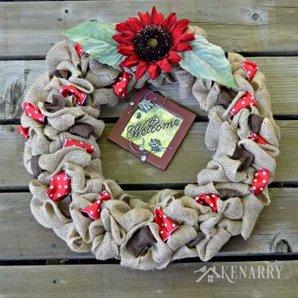 5. Dark Brown and Red Polka Dot Wreath This burlap wreath uses a very wide red ribbon with white polka dots and