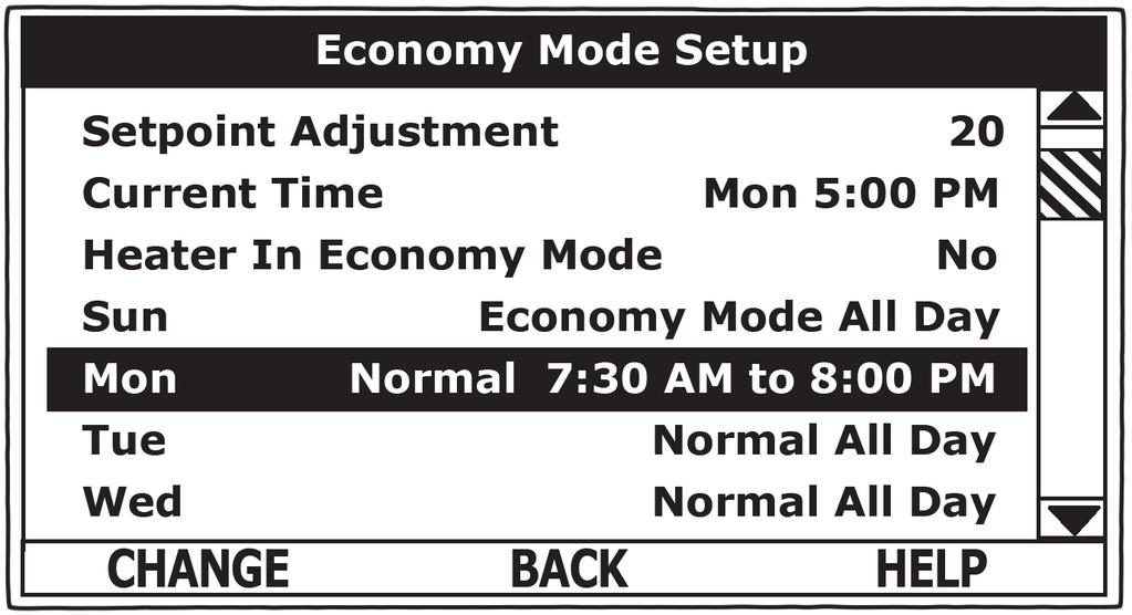 ECONOMY MODE SETUP MENU This menu contains settings used to establish an Economy Set Point and Economy Mode operating periods.