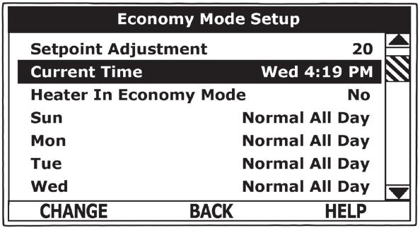 Economy Mode Settings Time Clock Settings ACTION DISPLAY From the Desktop Screen navigate to the Economy Mode Setup menu. Use the Up/Down buttons to select (highlight in black) Current Time sub menu.