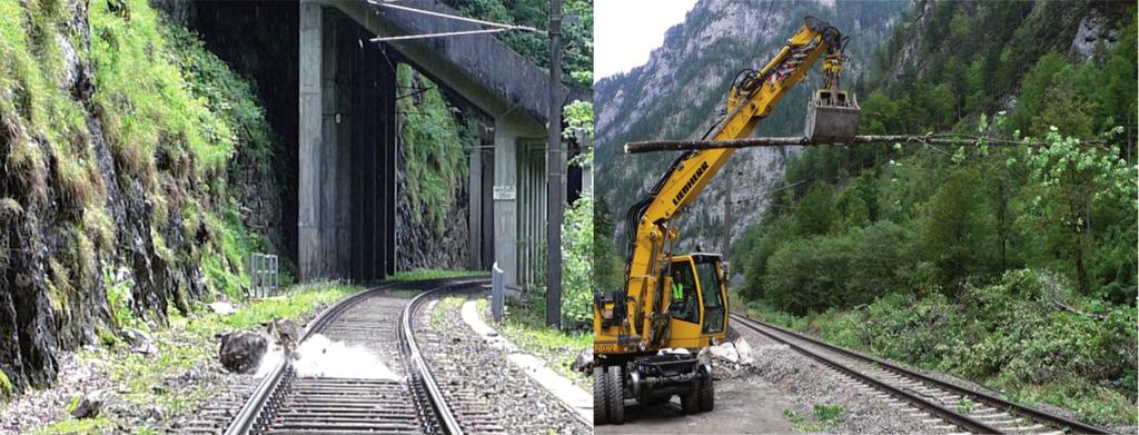 Figure 2: Left: impact on rails with a granite bowl from a predefined drop height. Right: Installation of cable trough according to OEBB regulations for the field experiments.