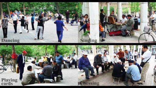 Figure 5. 3 Various activities in Xinhua Park, which is 3 minutes walk from Zhongxinli Community. People are enjoying their spare time and onlookers can be seen everywhere.