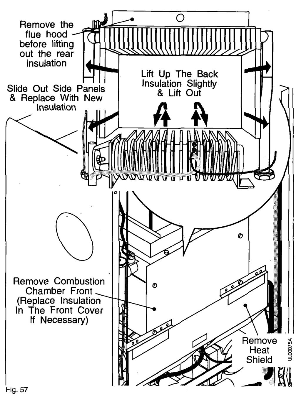 Replacement of Parts - Page 48 6.18 Combustion Chamber Insulation Panels 1. Gain General Access - See Section 6.1 complete. 2. Remove the fan/diverter assembly - see Section 6.17. 3.