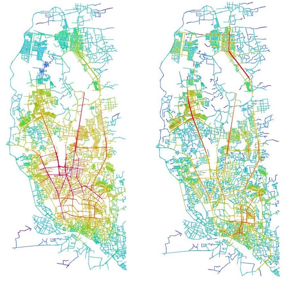 22 NAIMUL AZIZ Figure 1 & 2, Axial Map of Dhaka City (2009) with Global Integration (R=n) and Local Integration (R=3) The software for Space Syntax analyses and calculates the spatial integration