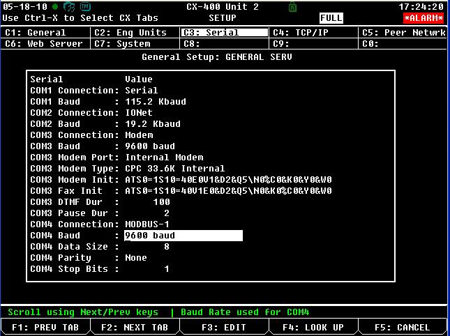 3. Press + to open the Serial tab of the General Controller Info setup screens: Figure 18-3 - Serial Communications Manager Screen 4.