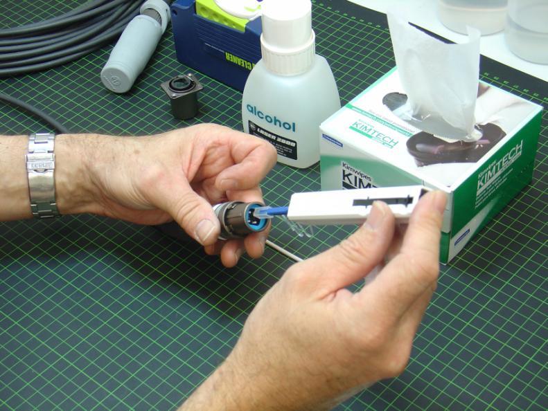 Cleaning of a Neutric opticalcon connector Alternatively the ferrule tips can also be cleaned using an In-Ferrule cleaner.
