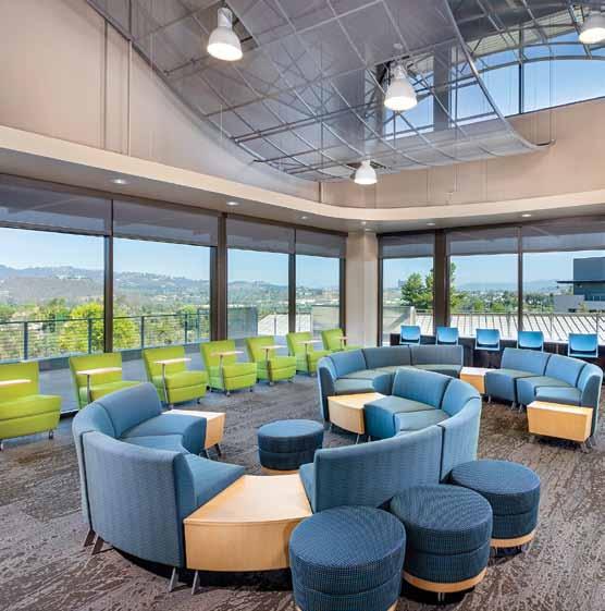 Nontraditional seating features bolsters that can be easily removed to create study areas or seating arrangements similar to those found in a progressive library or workplace setting.