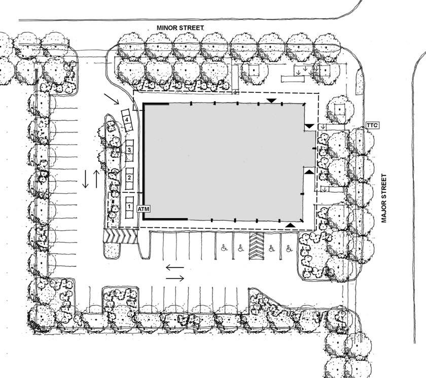 6.4 SITE PLAN DIAGRAMS 6.4.1 CORNER LOT SITE PLAN DIAGRAM CONTINUOUS LANDSCAPED PERIMETER WITH SCREENING PAVED FORECOURT WITH SEATING CONTINUOUS CANOPY LOW LANDSCAPING TO MAINTAIN SITELINES TO