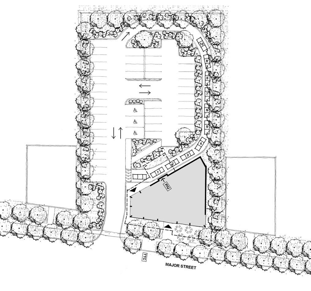 6.4.2 MID BLOCK SITE PLAN DIAGRAM SOFT LANDSCAPED ISLAND CONTINUOUS LAND- SCAPED PERIMETER WITH SCREENING PEDESTRIAN ACCESS AND PLACE OF REPOSE RAISED PEDESTRIAN CROSSING LOW SCREENING OF PARKING LOW