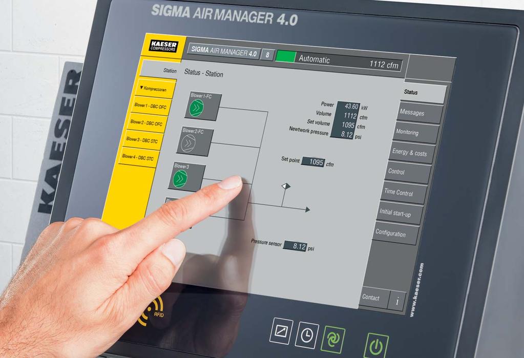 Advanced energy management with Sigma Air Manager 4.0 Kaeser s Sigma Air Manager 4.0 (SAM) can control up to 16 blowers and only turns them on when needed to meet air demand.