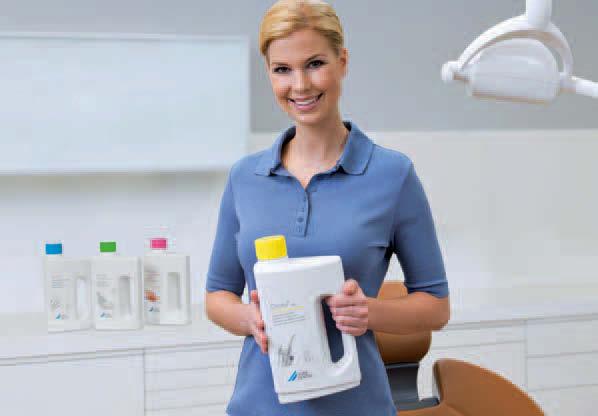 Dürr Dental introduced the logical colour system pink for skin and hands, yellow for special areas, blue for instruments and green for surfaces into hygiene.