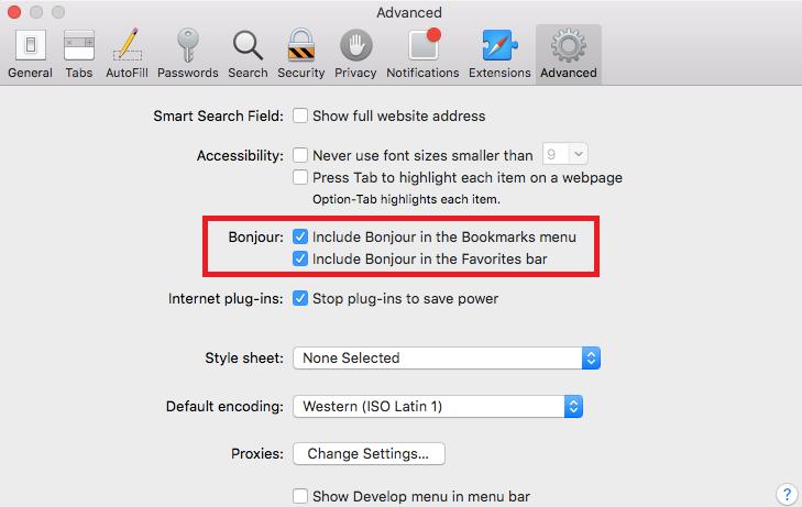 Figure 10: Apple Safari Settings Page 3. Bonjour will now display embedded at Safari. Select Bonjour pull-down menu and select Webpages, the related device like GDS3710 will be there. 4.