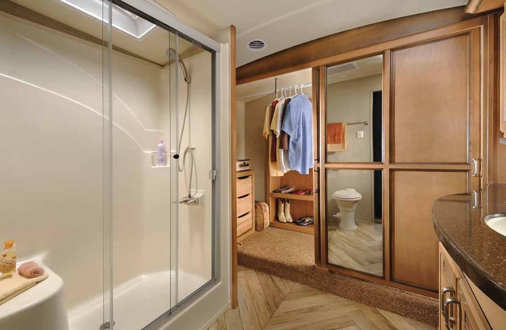Cedar Creek s bathrooms all feature a 48 residential, one-piece fiberglass rectangular shower with sliding glass doors, a large seat and an upgraded shower head.