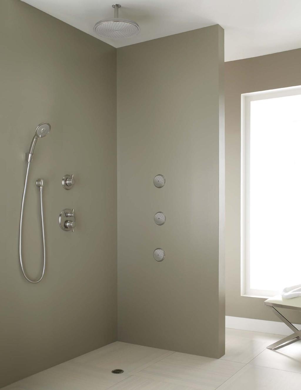 Combined with a new thermostatic trim delivering up to 8 GPM ambitious shower concepts are possible with Hansgrohe.
