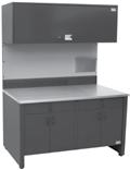 Lower kick plate to prevent items from being stored under the bench. Heavy-duty painted steel bench top. Sliding doors with locks. Add-on inground lift control cabinets for clean integrated look.