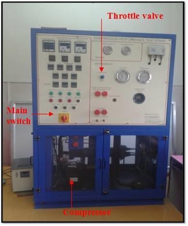 II. EXPERIMENTAL APPARATUS AND METHOD The setup used for the experiments is a Compressor-Calorimeter test rig, as shown in fig. 1, which can also be used to analyze Vapor Compression Cycle (VCC).