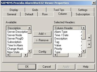 Viewer Properties Dialog Box Column Tab In the Column tab panel, the Viewer column headers are configured.