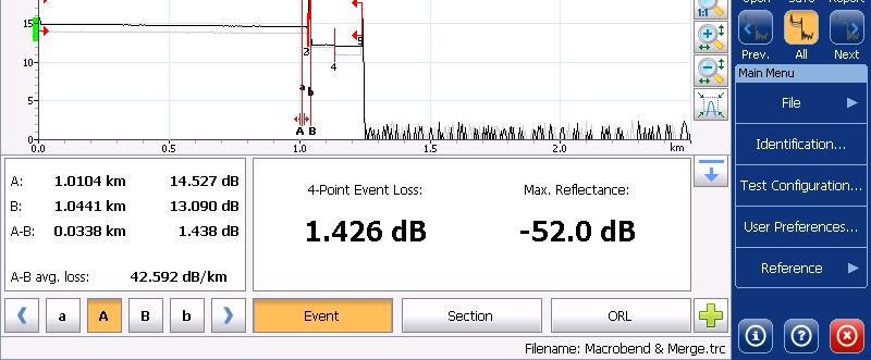 Analyzing the Results Manually Getting Event Distances and Relative Powers Getting Event Distances and Relative Powers The OTDR test application automatically calculates the position of an event and