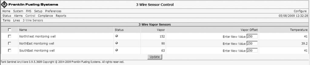 Under FMS / Control / Sensors, set the vapor offset to a value that will trigger a vapor alarm.