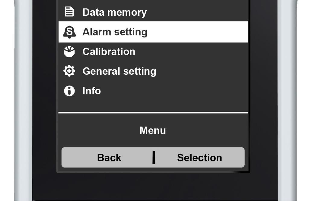 4.8 Alarm setting The alarms for signalling excessive and insufficient oxygen concentrations can be configured in the Alarm setting menu. Select Alarm setting from the main menu.