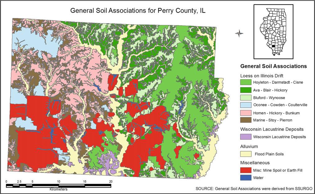 2 Concepts of Soil Formation and Soil Survey 23 Fig. 2.15 General Soil Associations for Perry County, Illinois. Associations of soil series are the taxonomic labels (Table 2.2) used in this map.