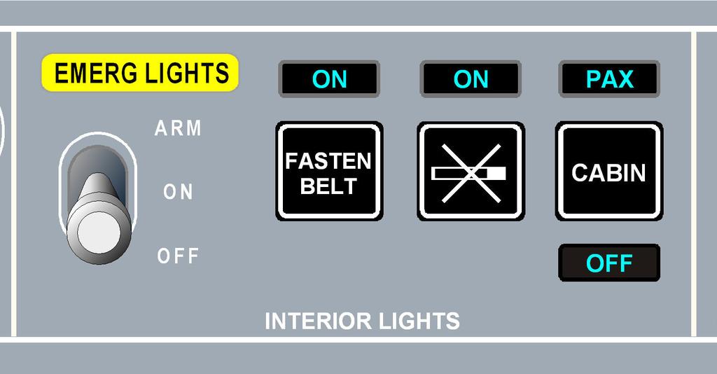 FALCON 7X 02-33-20 CODDE 1 PAGE 5 / 12 CONTROLS AND INDICATIONS INTERIOR LIGHTS CONTROL Interior lights control is performed by pushbuttons for: - Ordinance signs