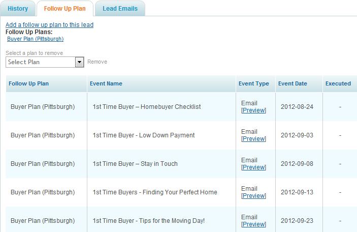 Follow Up Plans can also be assigned to leads when viewing the lead details. At the bottom is a tab called Follow Up Plan. Click the Add link to assign a follow up plan.