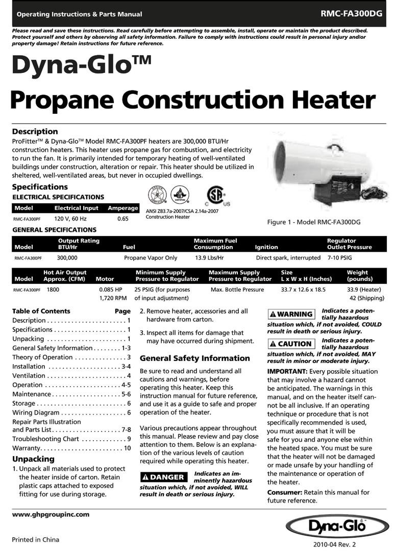 Operating Instructions & Parts Manual Dyna-Glo TM Delux Propane Construction Heater Description Dyna-Glo TM Delux Model heaters are 300,000 BTU/Hr construction heaters.