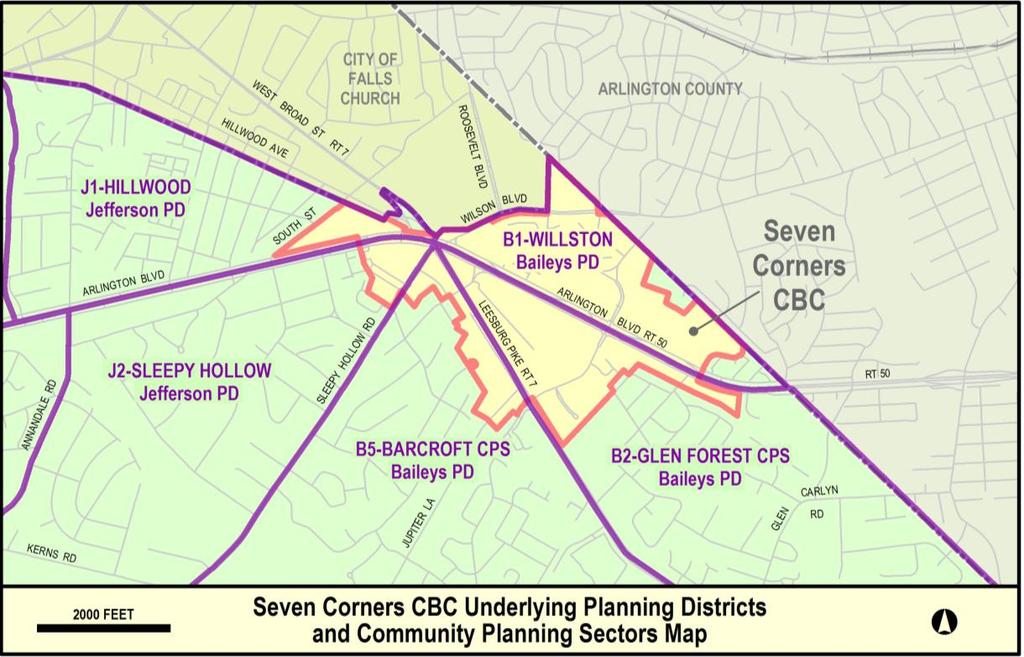 previous efforts and projected the development potential for the Seven Corners CBC based on an analysis of future planned infrastructure and environmental constraints.