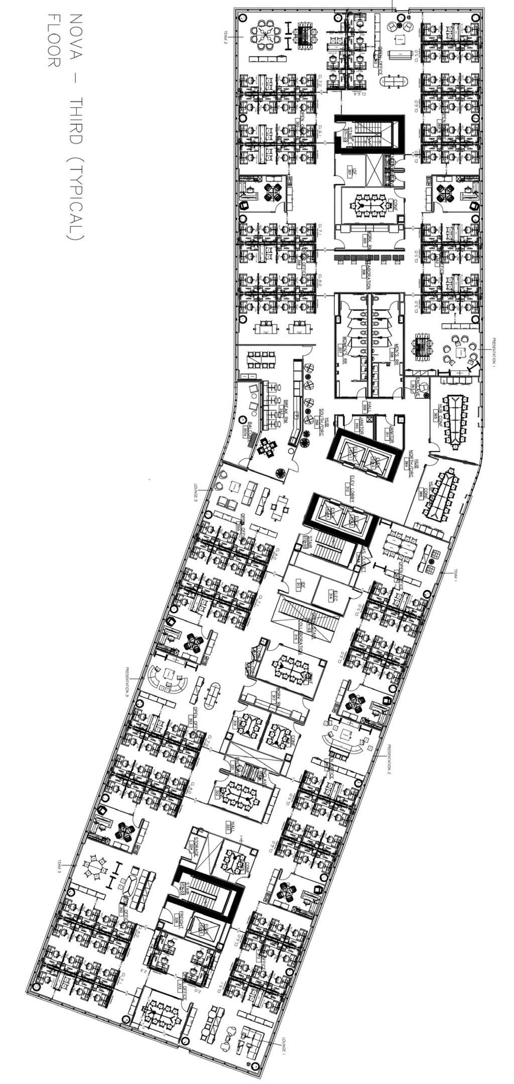 Typical Open Office Floor Plan Within the open office floor plate, workspaces are setup in neighborhoods and planned using a holistic kit of parts.