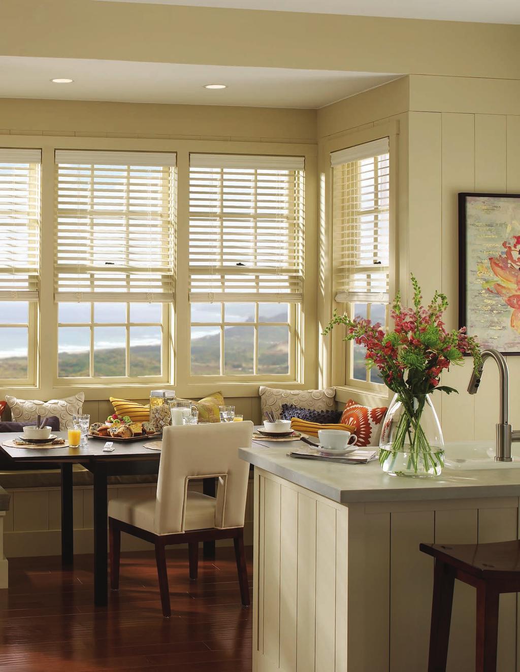 Wood blinds in White Sand from the Basswood offering of wood slats with Harvard style valance,