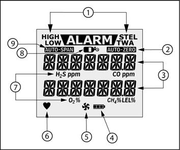 Operator s Manual Display Elements Item Description 1 Alarm condition 2 Automatically zero sensor 3 Numeric values 4
