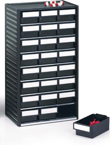 The cabinet has a conductive polypropylene frame, galvanized steel shelves, conductive bins and labels.