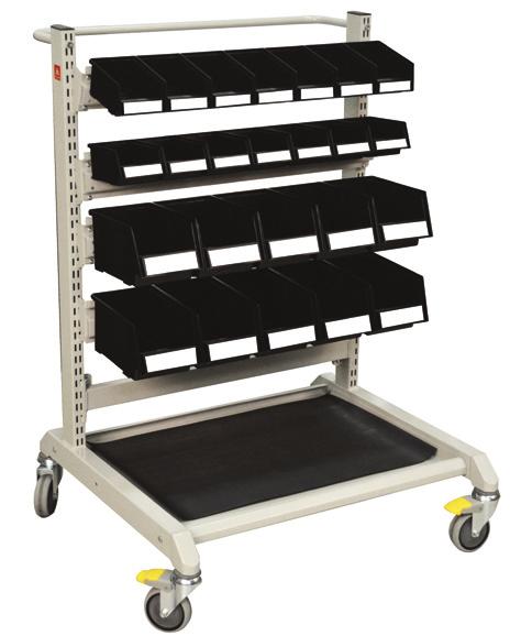 Mobile Parts Trolleys Bin Trolley 1 Free standing frame of epoxy powder coated steel in grey (RAL 7035). 4 adjustable bin rails are included, which may be tilted 15o for easy viewing and picking.