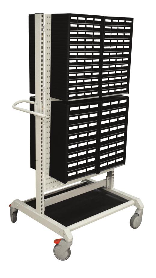 Free standing frame of epoxy powder coated in grey (RAL 7035). Includes panels, hooks, handle and four casters Ø 3.94, two with brakes. Load capacity 660 lbs. Bottom shelf with mat ordered separately.