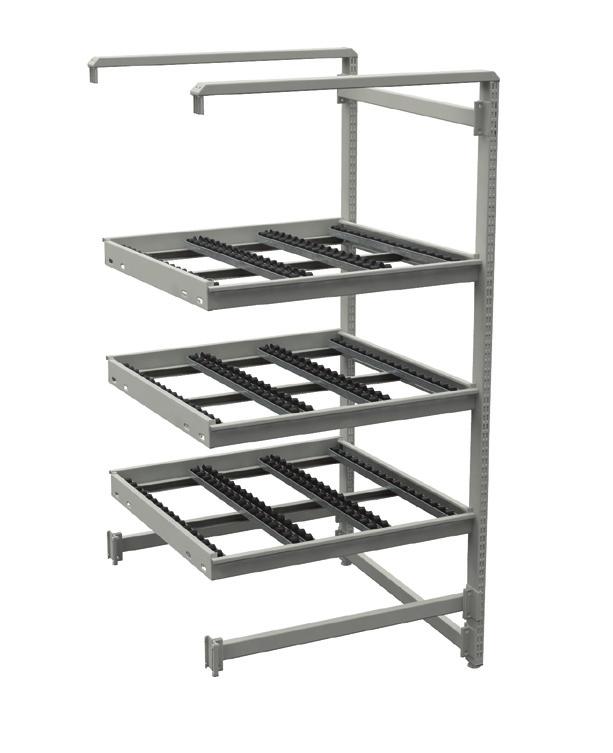 FlexFlow Frames FlexFlow flow-through shelving can be used as a standalone solution or integrated into a single workstation or assembly line, resulting in faster throughput, less WIP, higher