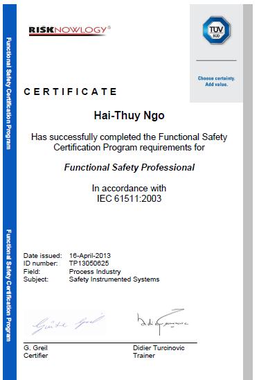 4 day functional safety training (April 2013) TUV: functional safety for safety