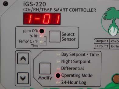 Setting the OUTPUT 1 operating mode for CO2 enrichment or venting 1. Press the SELECT SENSOR key until the [ppm CO2] light turns on. 2. Press the MODIFY key until the [Operating Mode] light turns on.