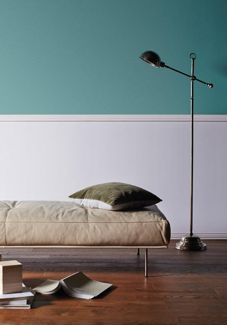 LAMINATE HEMLOCK SCX1170D LIFE'S LITTLE LUXURIES Olive square cushion, from Harvey Norman. Cream leather daybed, from Dream.