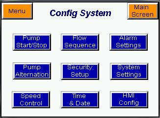 % SPD = Current speed signal to drives Manual speed = % speed of pump in hand mode Menu Screen: The menu screen provides direct access to all system settings and operational information.