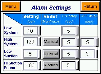 Alarm Settings Screen: Set all the setpoints for the different alarms.