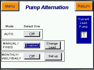Touch the OFF button to the right of MANUAL / FIXED, to select the manual alternation mode. Touching the Change Lead button causes pumps to alternate.