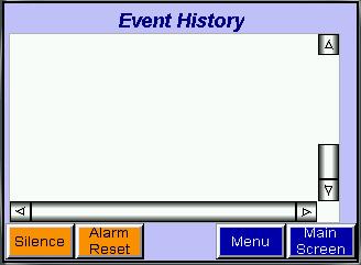 Alarm Status Screen: Provides a list of all active system alarms. Each alarm is recorded with the time and date when the alarm began.