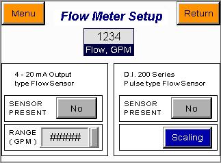 Flow Meter Setup: In this screen can be selected if a 4-20 ma signal flow meter is used, or if it s a pulse type