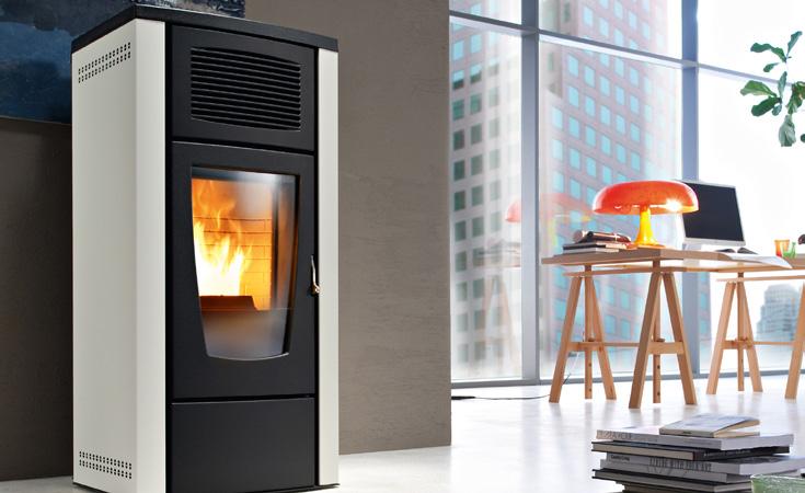 Gardenia Kaika Contemporary modern design; painted steel sides, cast iron front and top Small pellet stove constructed from